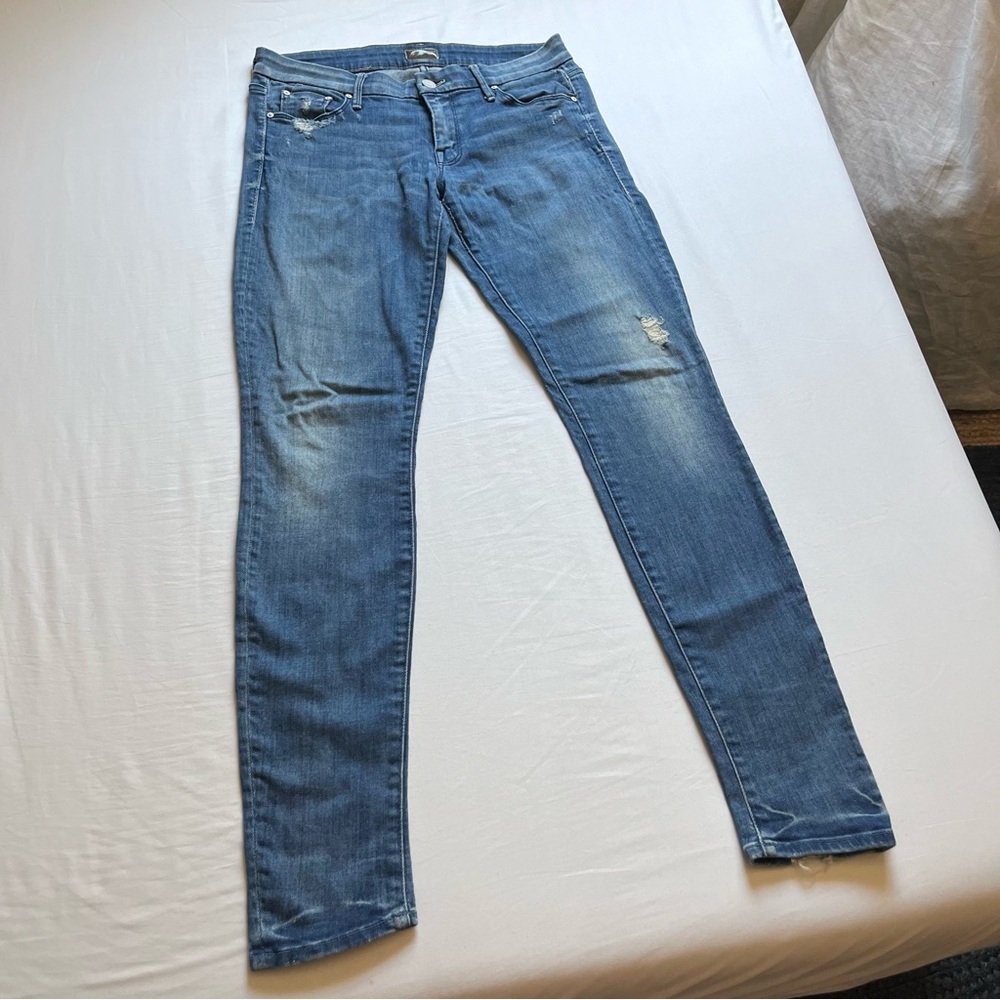 MOTHER blue distressed denim the looker graffiti girl skinny slim cropped jeans
